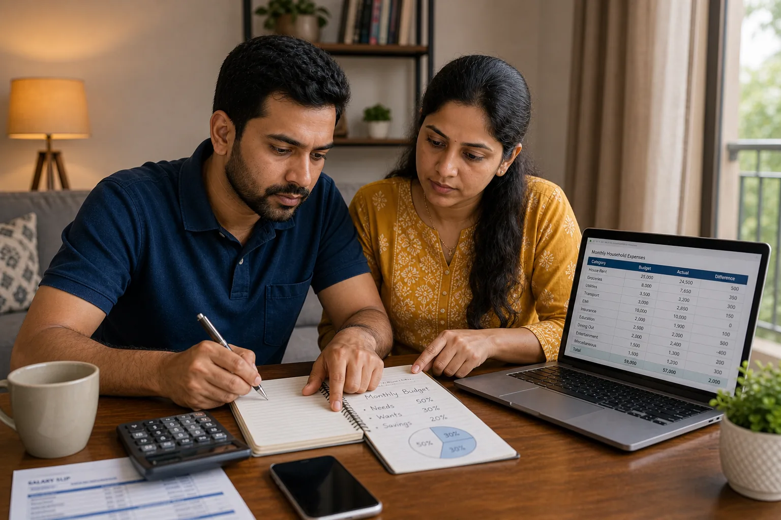 Indian salaried couple reviewing a monthly 50 30 20 budget plan at home with laptop and notebook