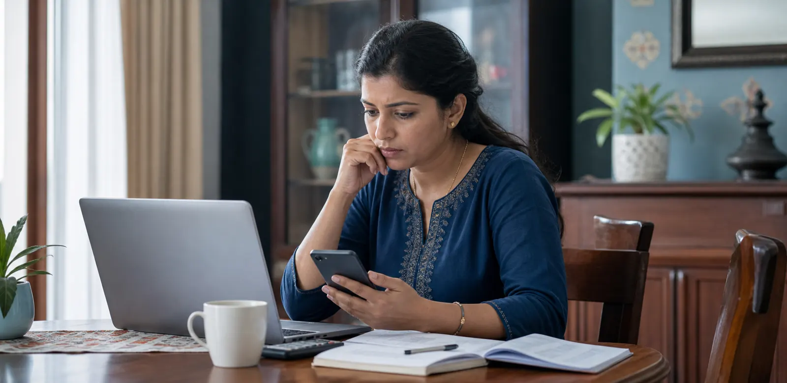 Indian woman reviewing mandate notes, phone banking app, and laptop after an auto-debit failure