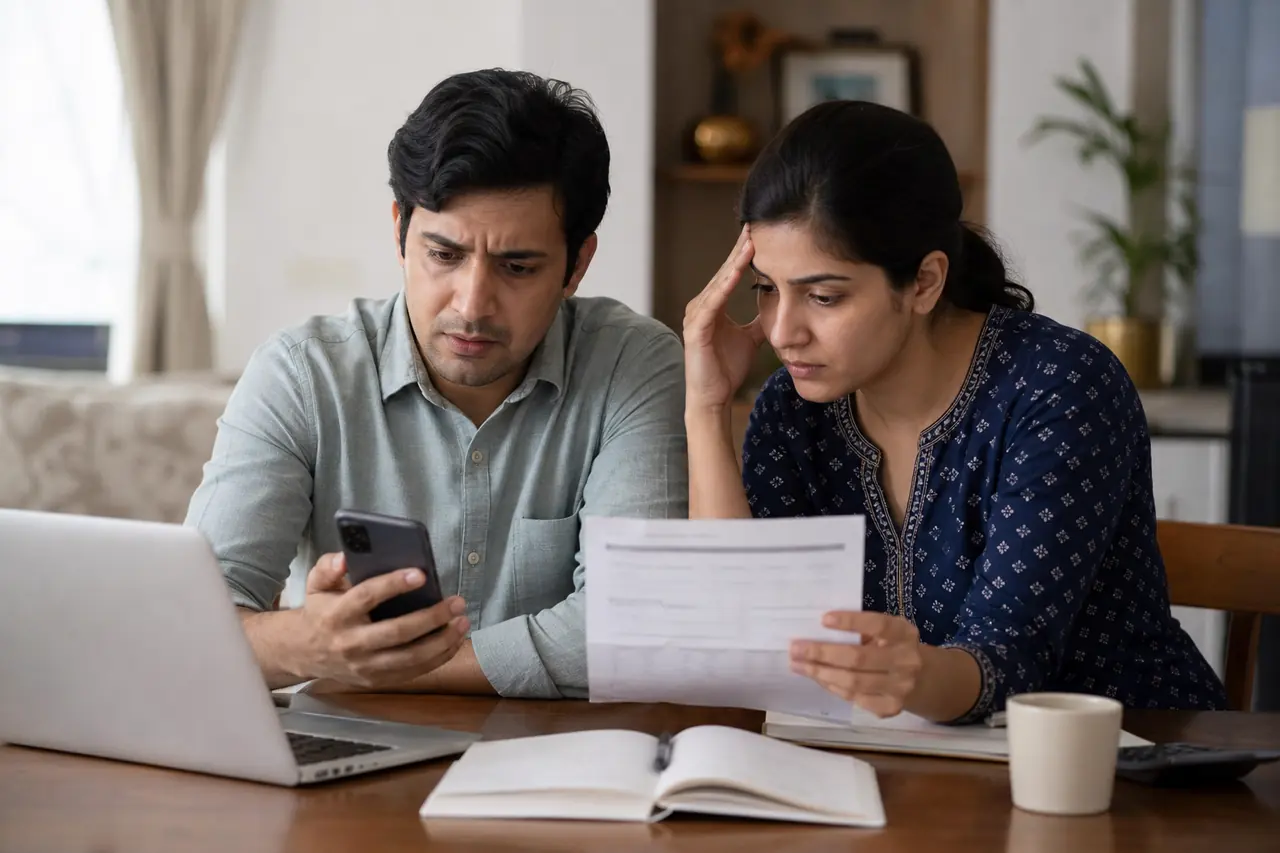 Indian couple checking a failed auto debit alert for EMI or bill payment