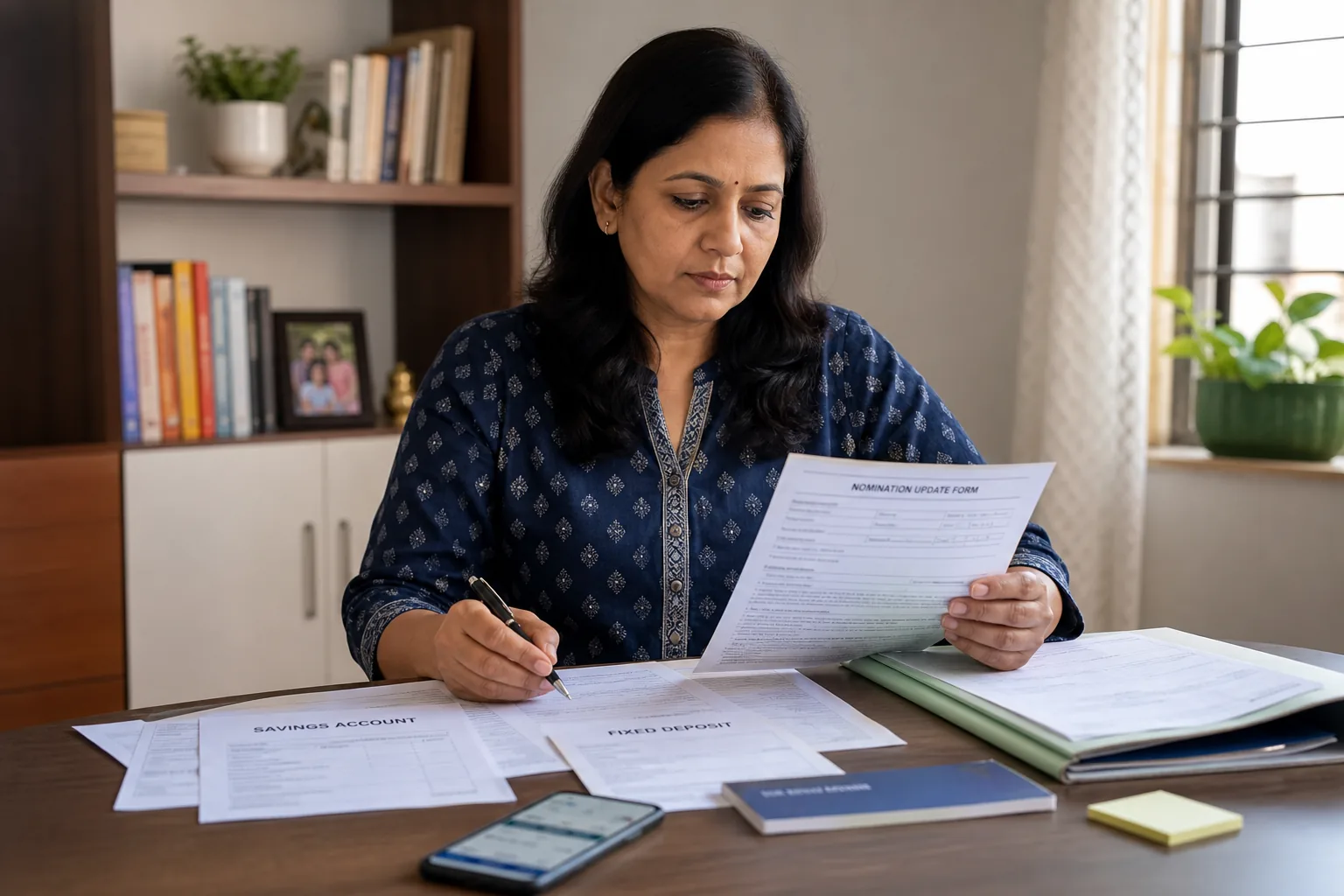 Indian account holder checking nominee update forms, savings account papers, and fixed deposit records at home