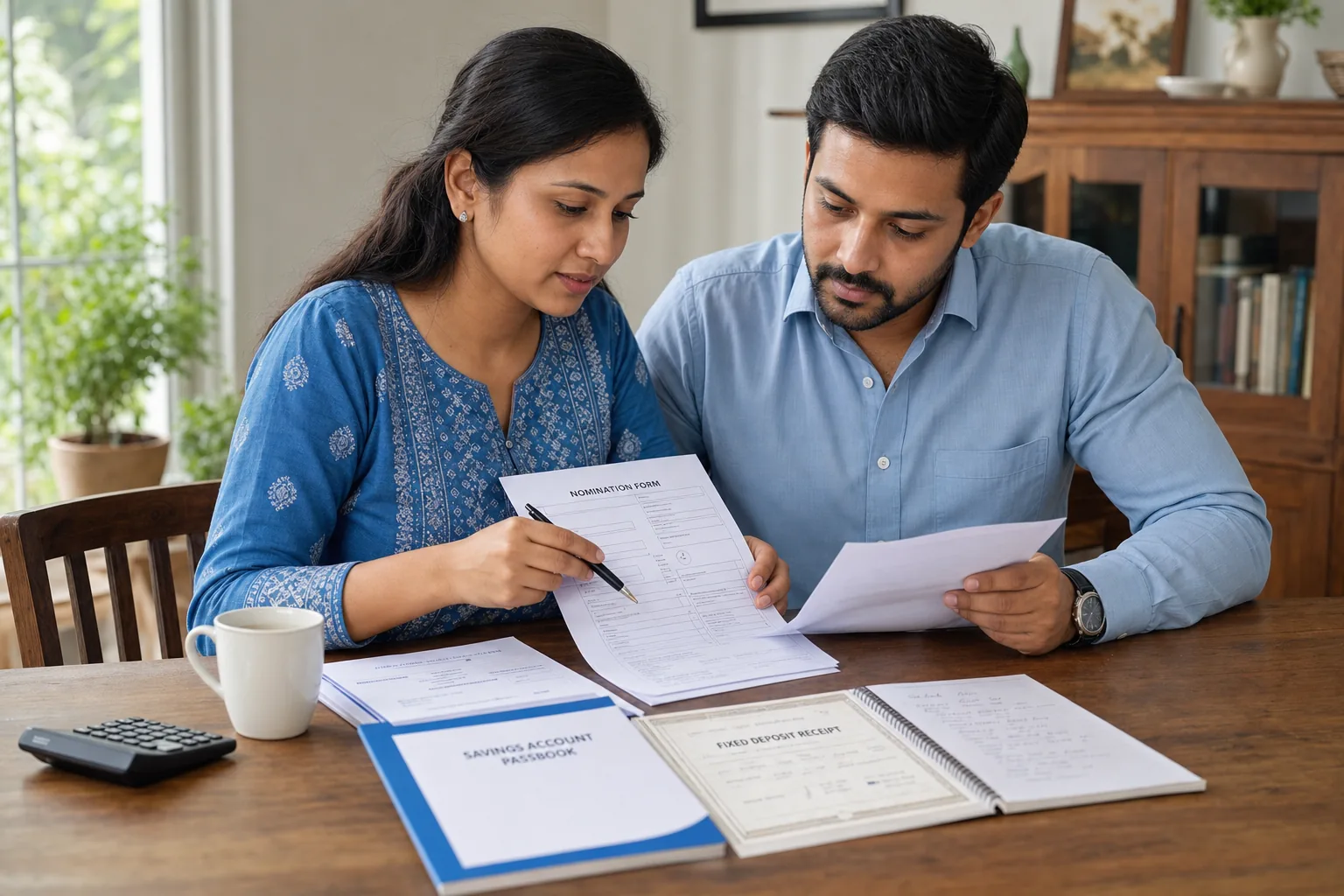 Indian couple reviewing nominee details on bank documents, passbook, and fixed deposit papers at home