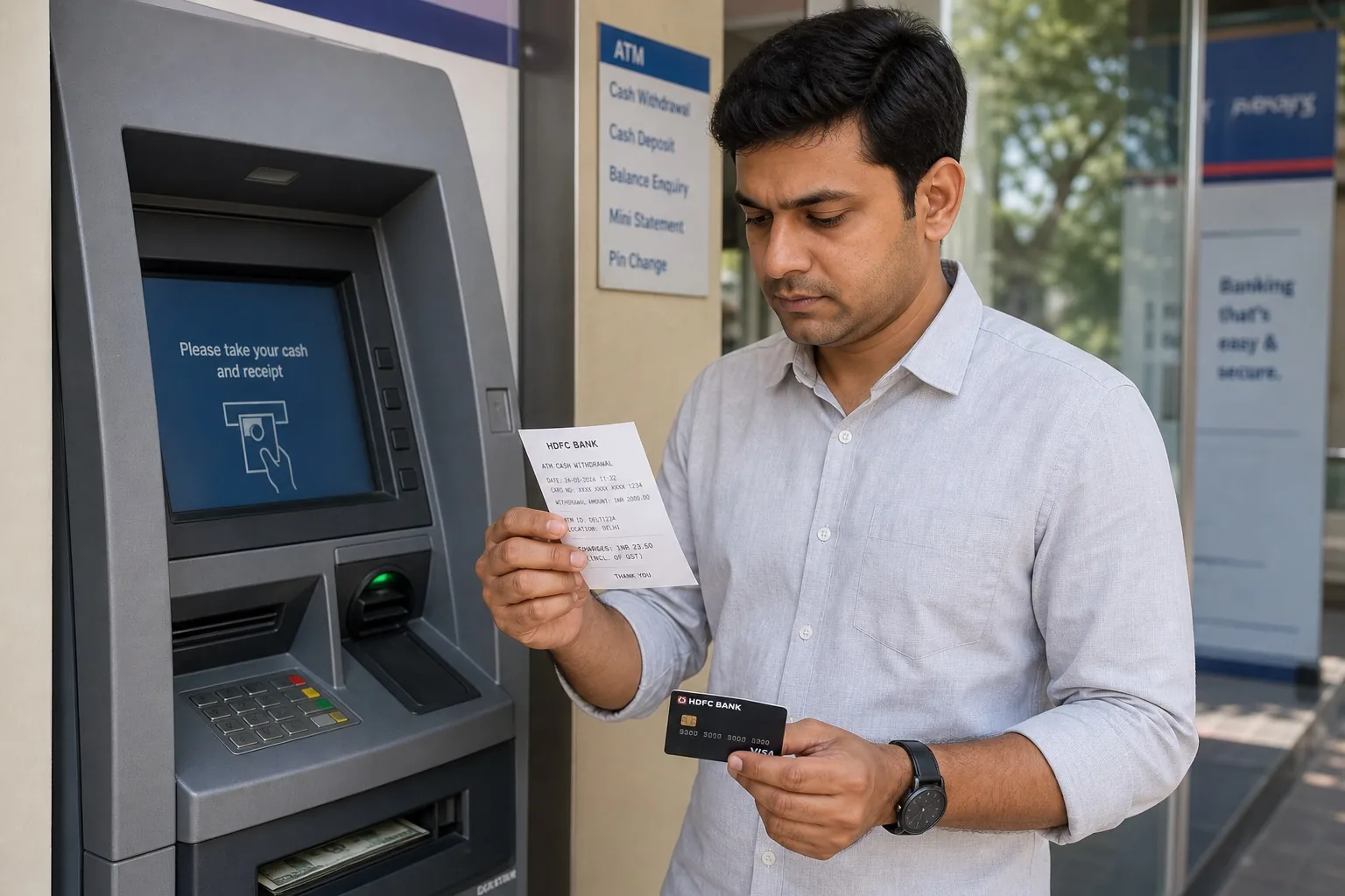 Illustration of hidden banking charges like ATM fees, SMS charges, and minimum balance penalties in India