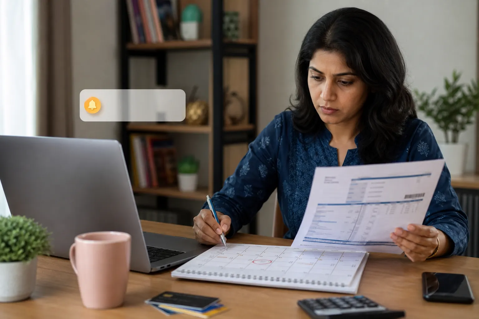 Indian woman planning credit card bill payments using a calendar, statement and laptop