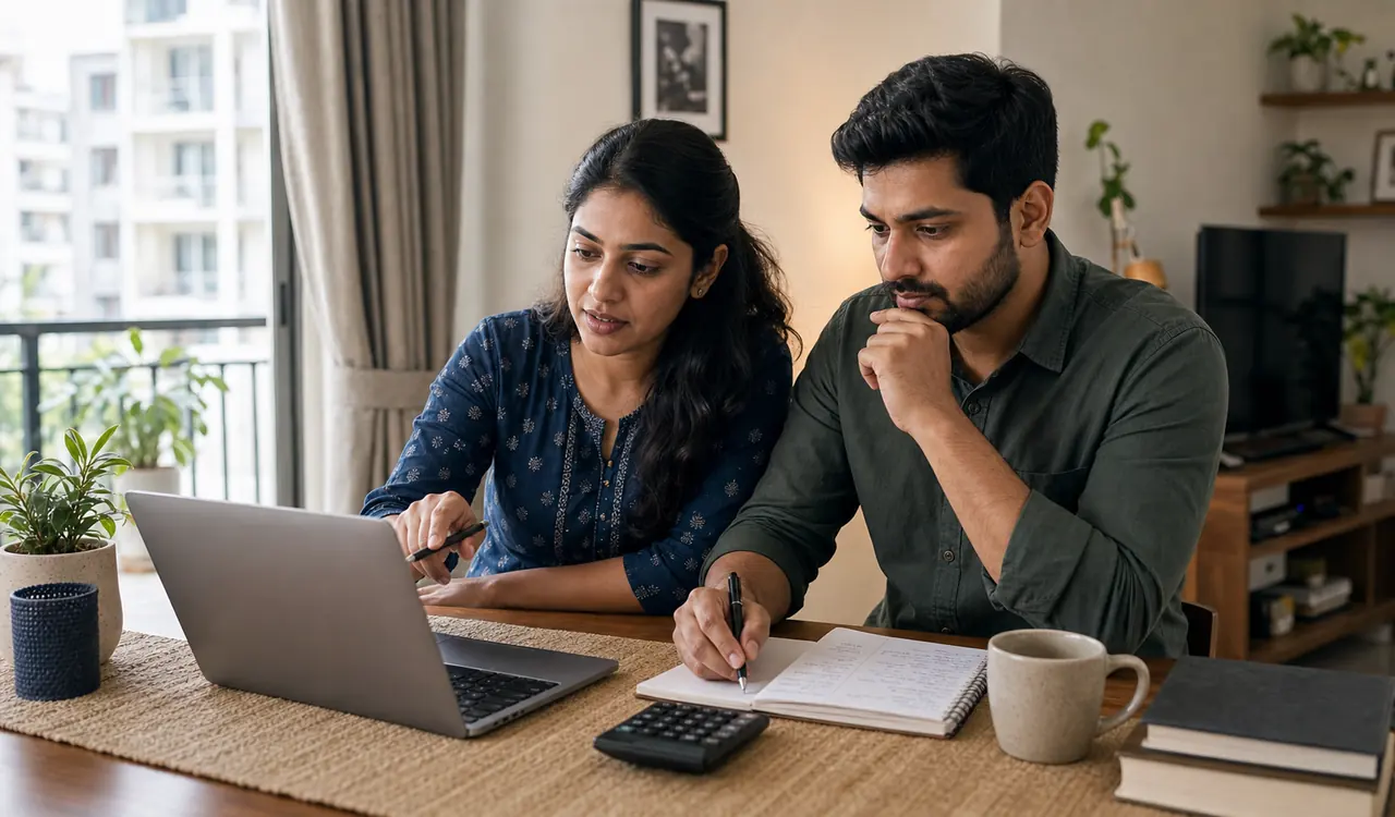 Indian salaried couple reviewing how to use annual bonus money at home