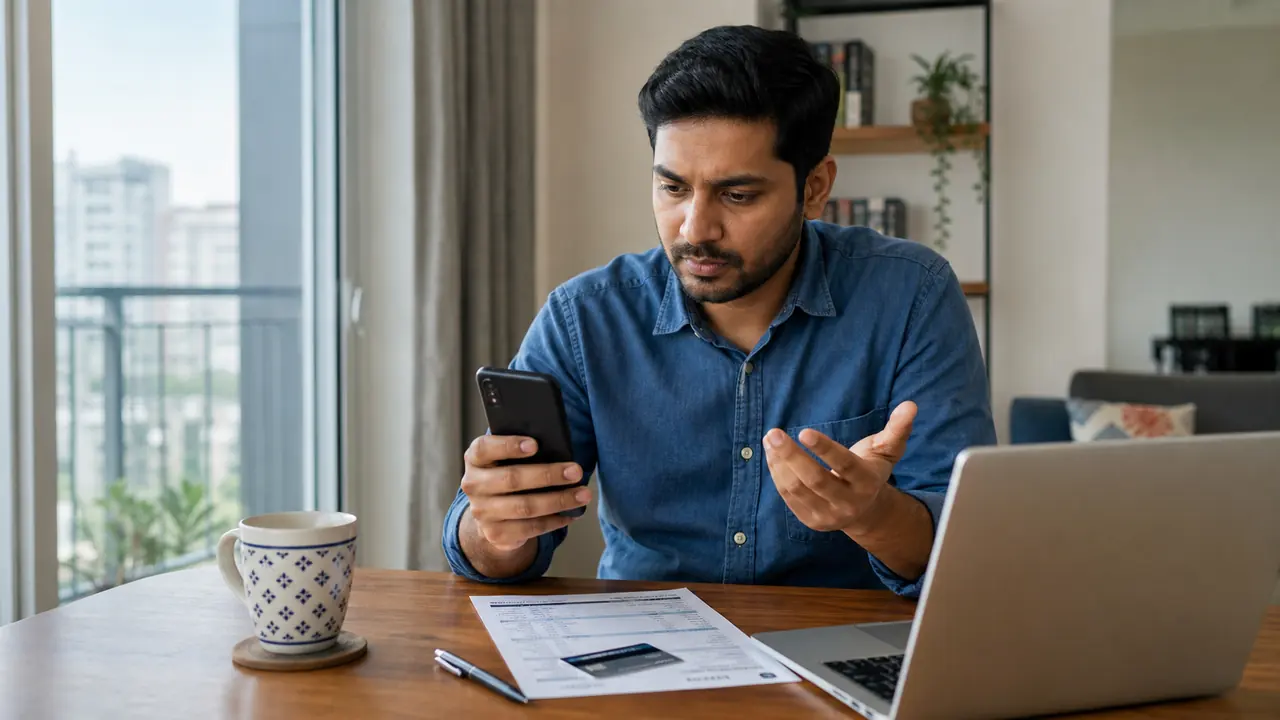 Indian professional checking a credit card statement and phone before bill generation