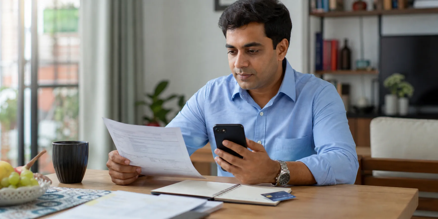 Indian salaried man checking a credit card statement and mobile banking app at home