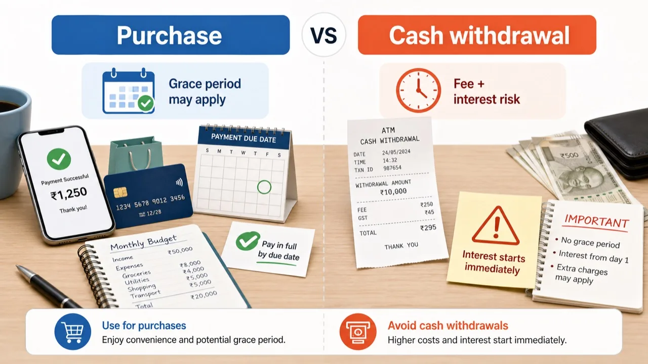 Comparison graphic showing regular credit card purchase versus credit card cash withdrawal with fee and interest risk