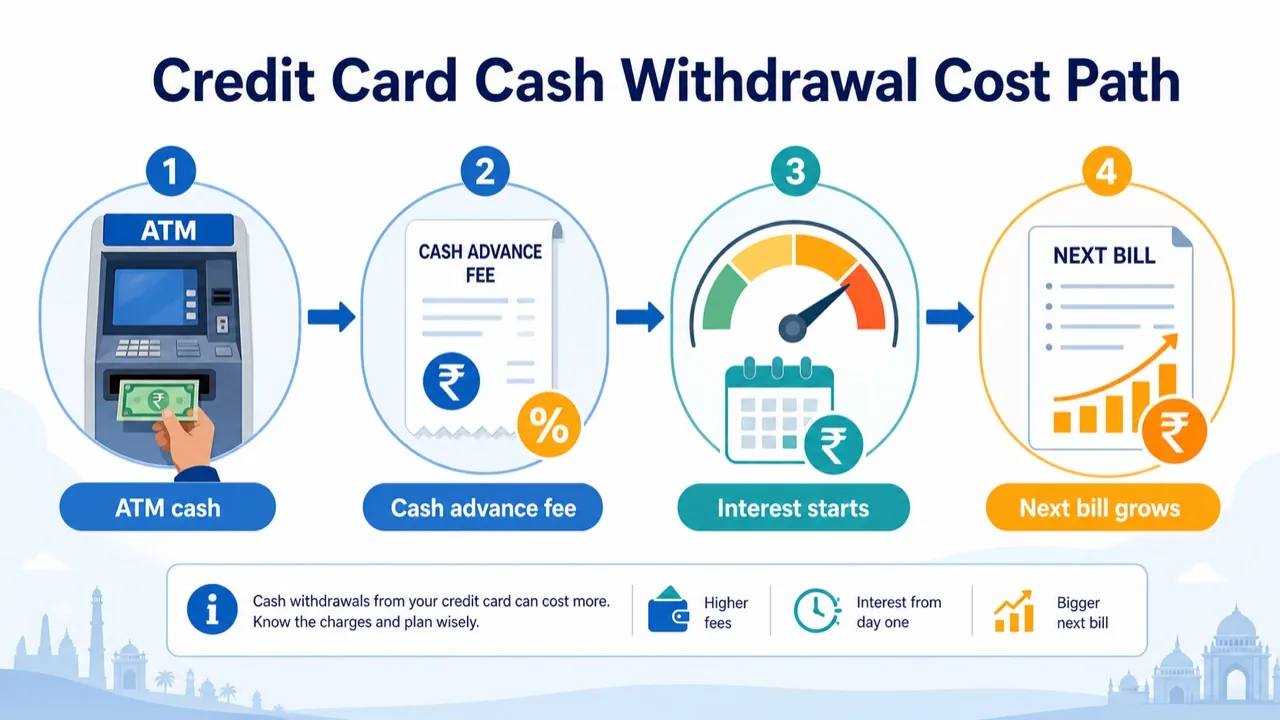 Infographic showing how credit card ATM cash withdrawal can lead to cash advance fee, interest, and a larger next bill