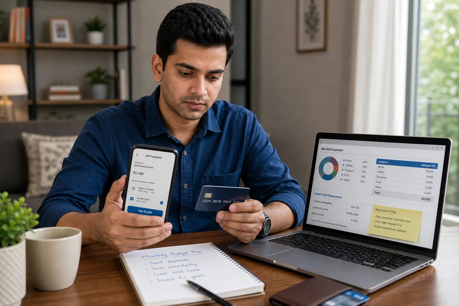 Indian salaried professional using Credit on UPI on a smartphone while checking expenses on a laptop