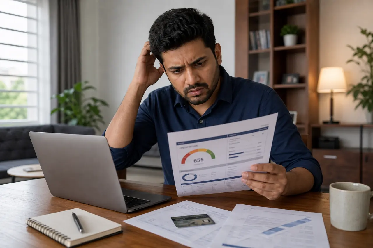 Indian salaried borrower looking confused at a credit score report after timely payments