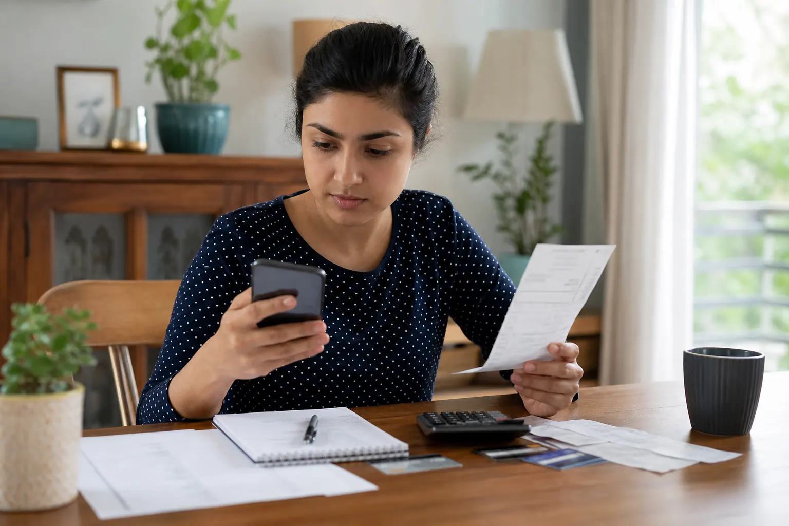 Indian woman reviewing a credit card statement, calculator and phone while checking spending ratio