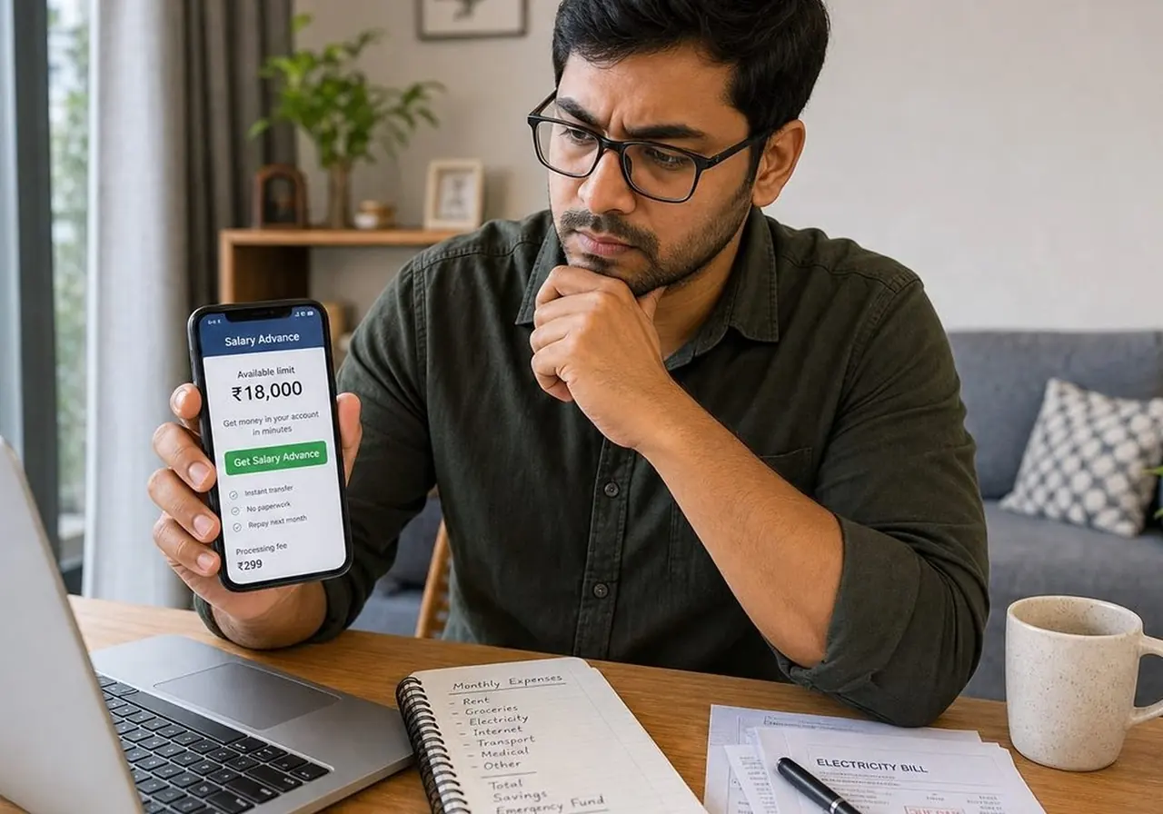 Indian salaried borrower comparing a digital loan app and bank loan options on phone and laptop