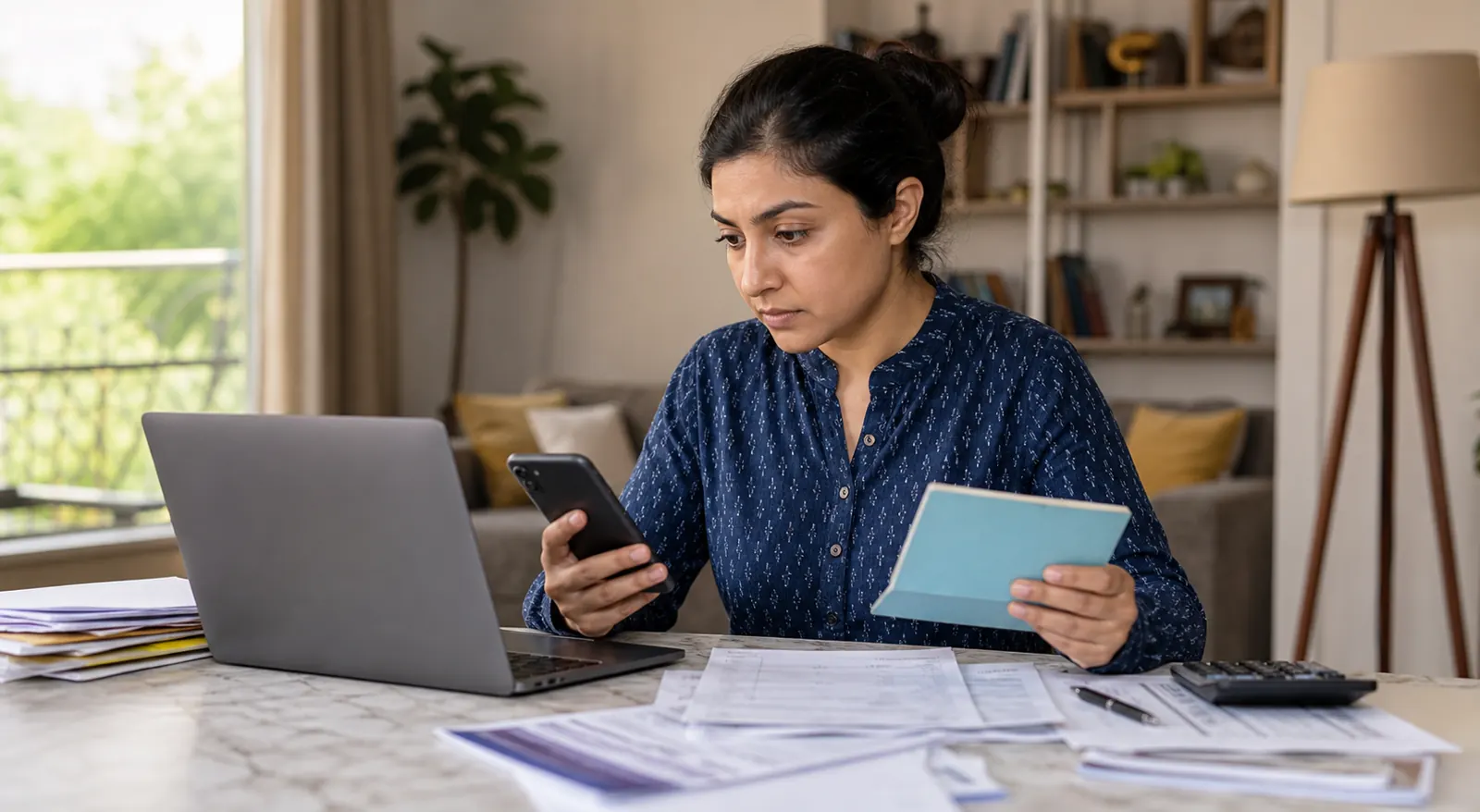 Indian woman reviewing old passbook, statements, laptop and phone while checking a dormant account