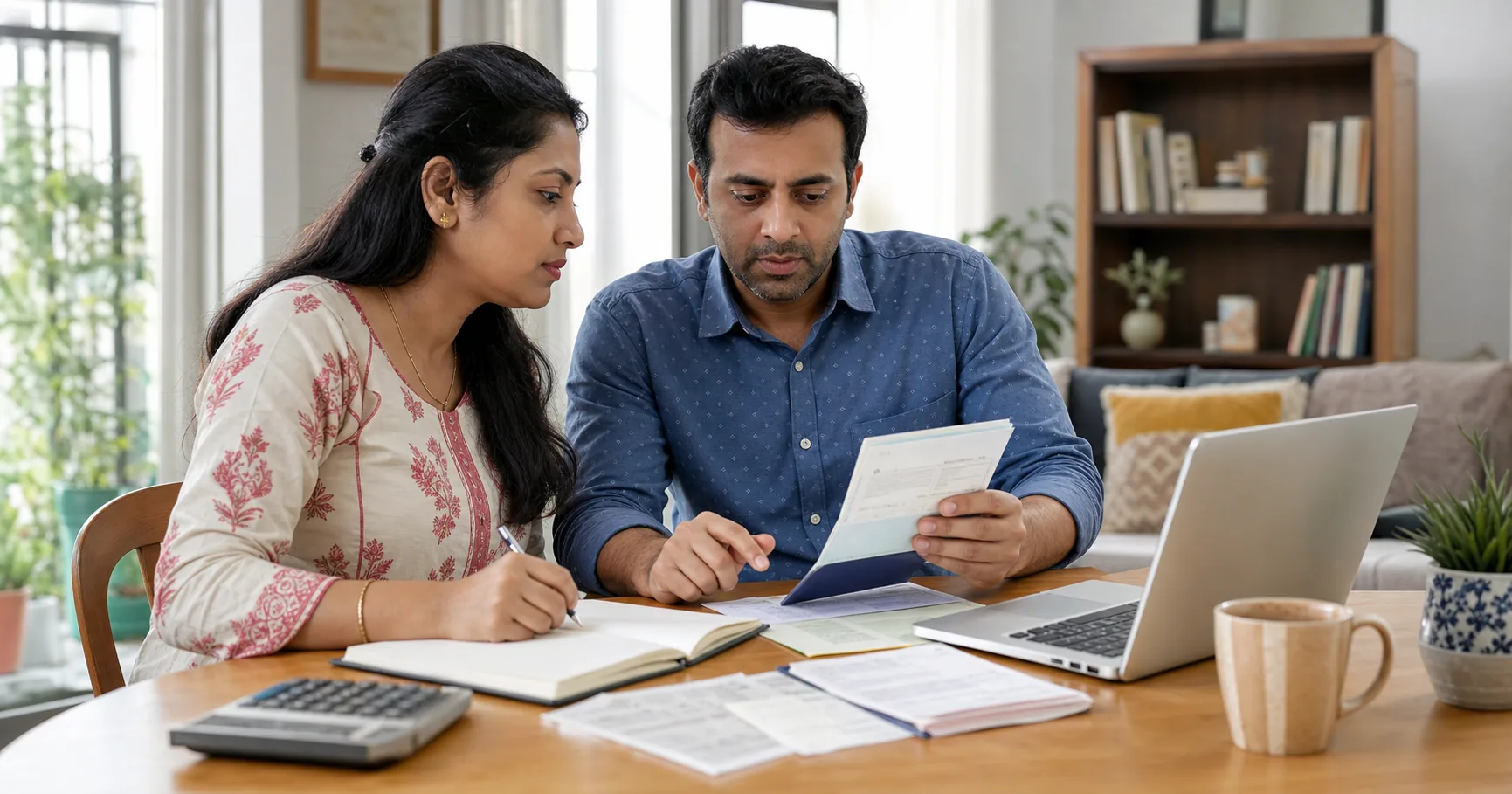 Indian couple reviewing savings and emergency fund notes at home with laptop and calculator