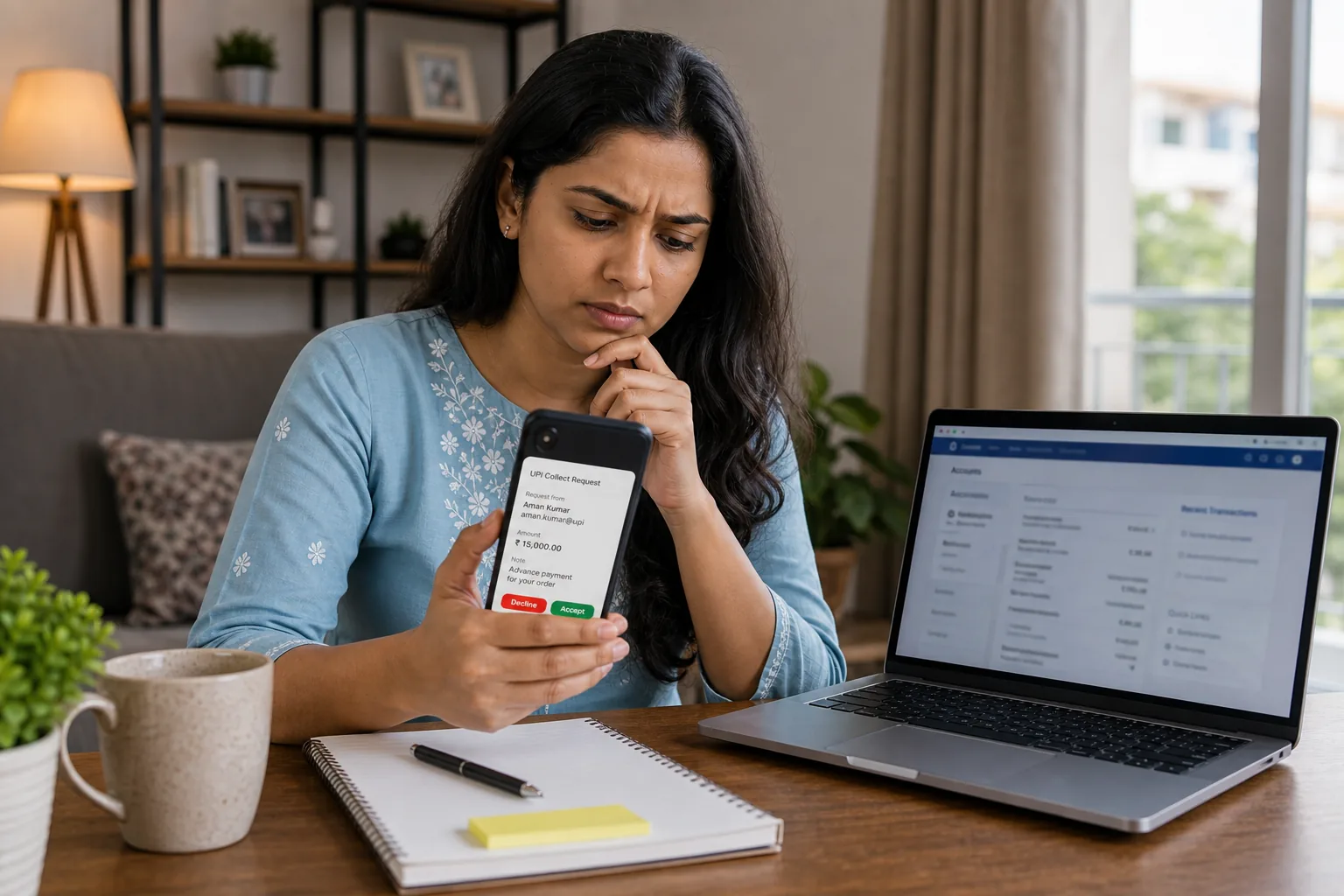 Phone showing suspicious bank SMS alert with warning signs