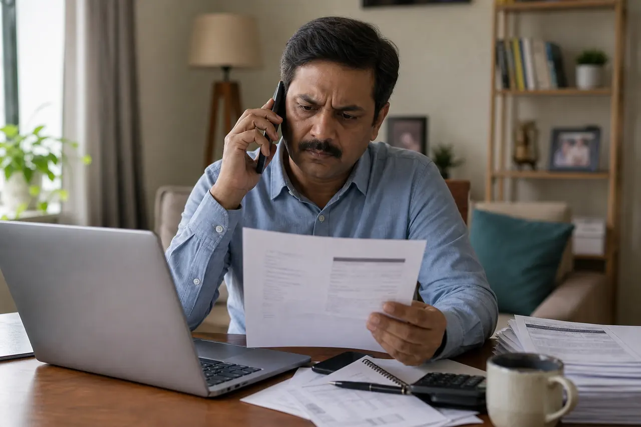 Indian borrower receiving a suspicious loan closure phone call while checking loan documents