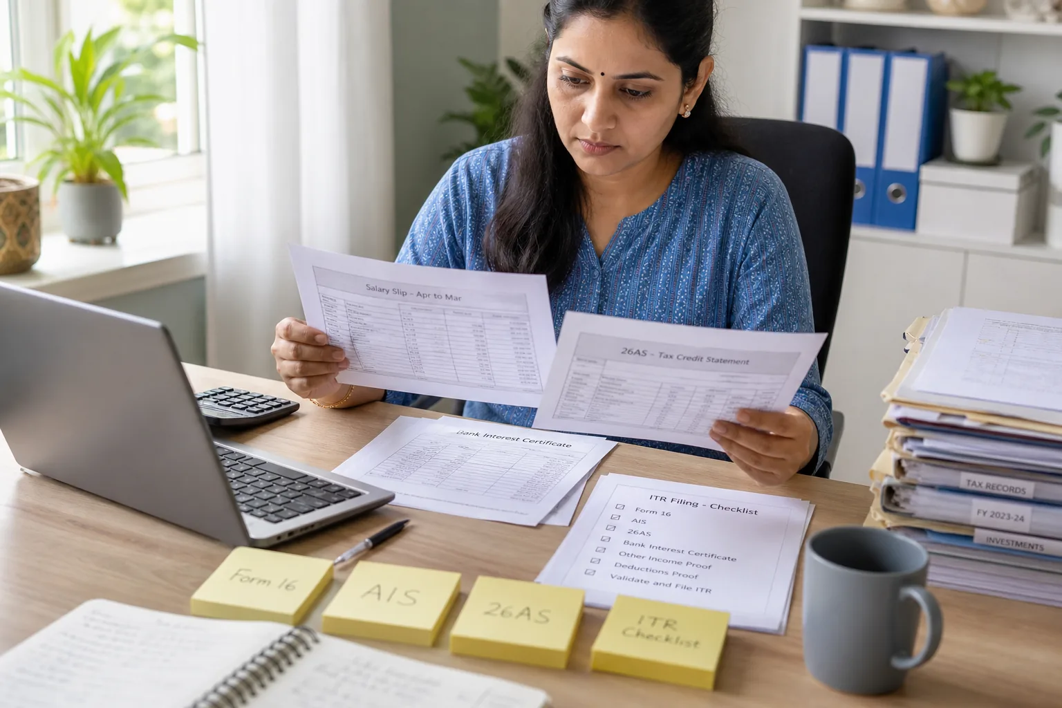Indian salaried woman comparing salary slip, Form 26AS, bank interest notes, and income tax checklist on her desk