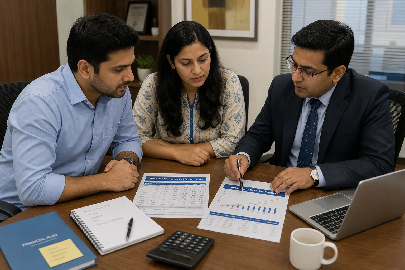 Indian couple discussing home loan amortization sheet and investment charts with a financial planner