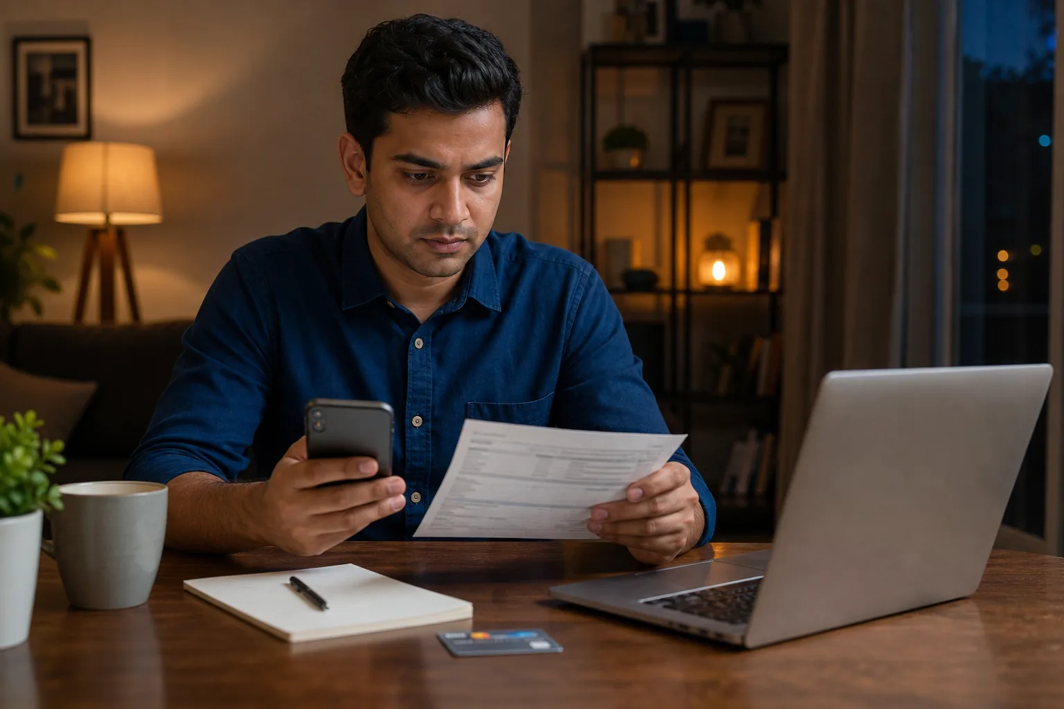 Indian couple checking a credit card statement and payment reminder at home