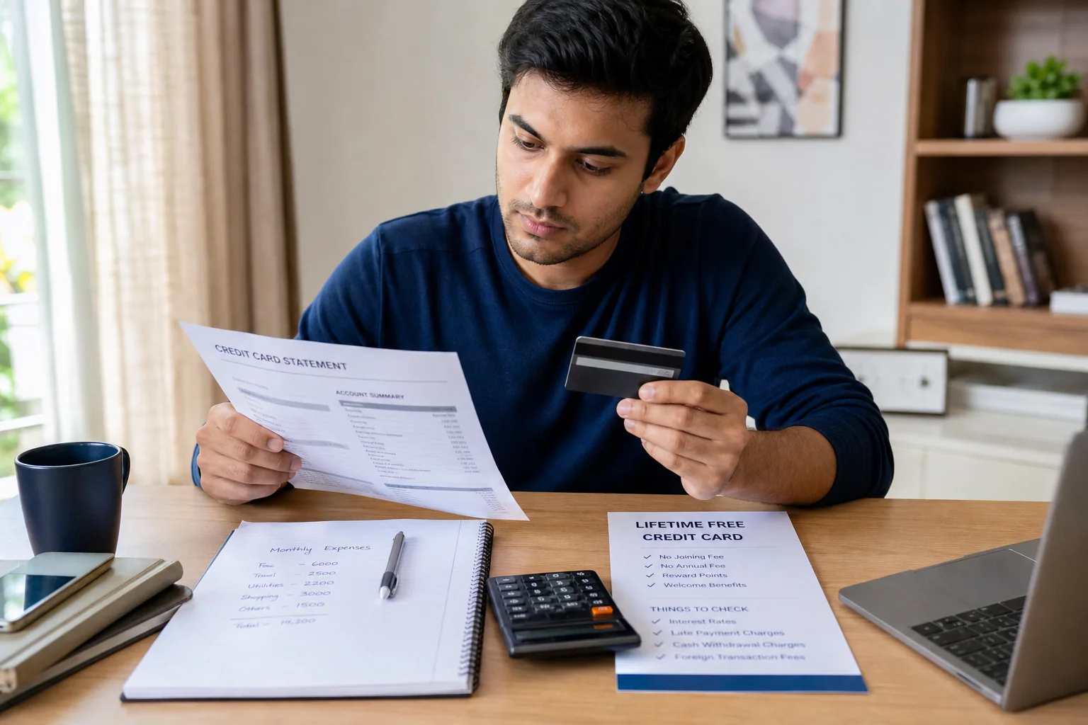 Indian credit card user comparing a lifetime-free card offer, monthly bill, and cost notes at a home desk