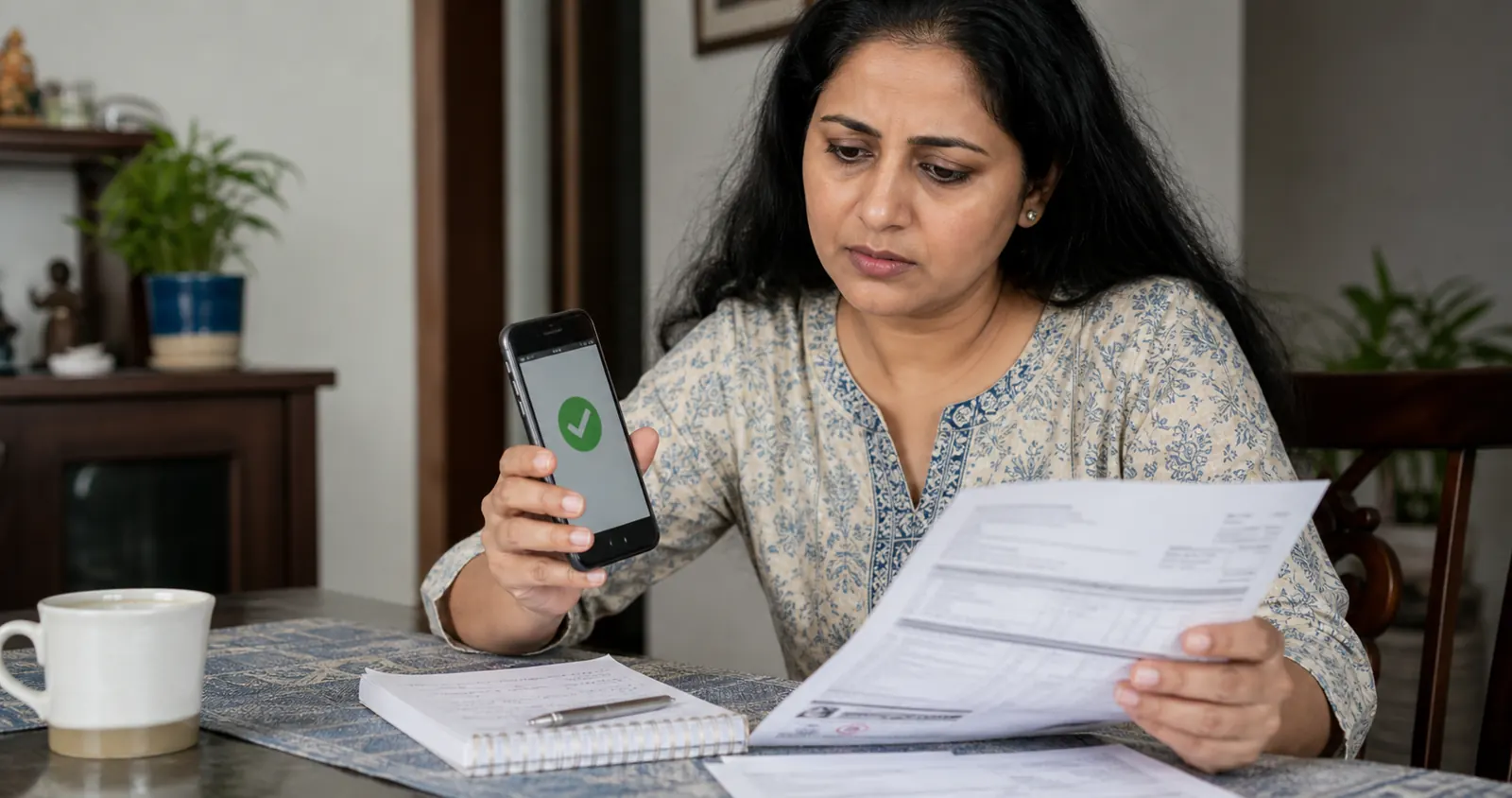 Indian woman checking payment confirmation on phone while reviewing a credit card statement and notes