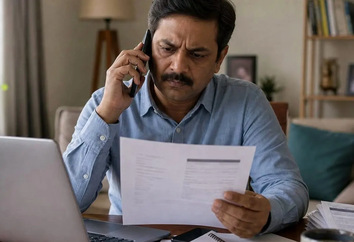 Indian borrower checking a loan app approval message while the bank account still shows no credit