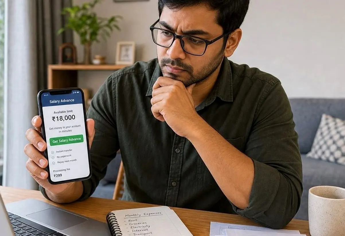 Indian salaried professional pausing before taking a loan for shopping and lifestyle spending