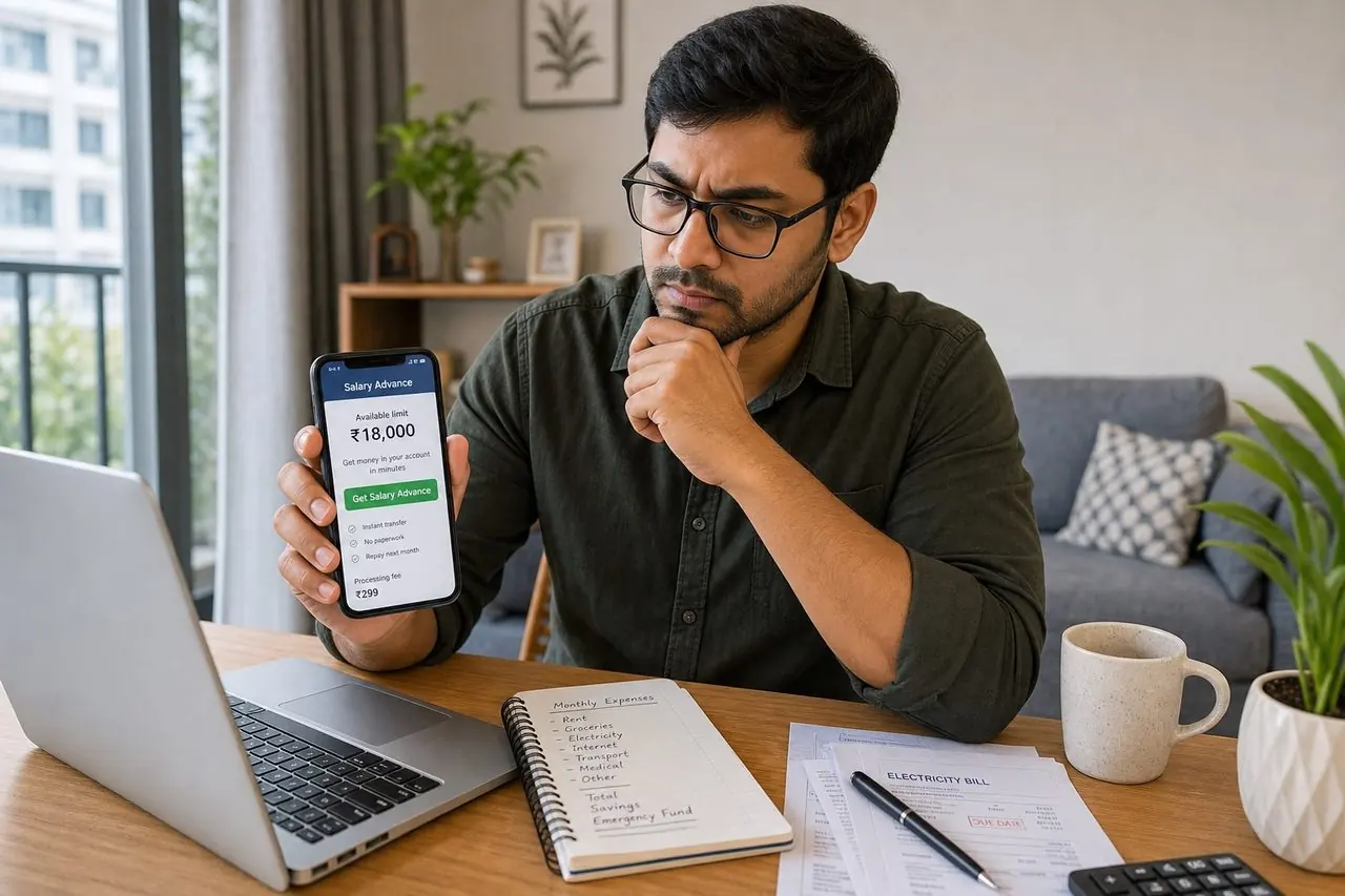 Indian salaried borrower reviewing a personal loan application decision on a phone and laptop