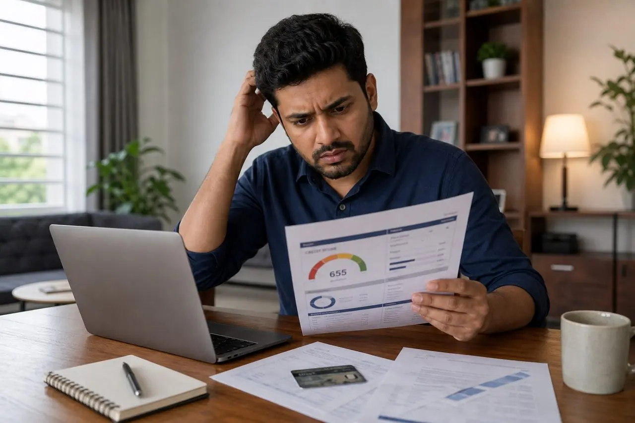 Indian borrower checking credit report and loan papers after a personal loan rejection
