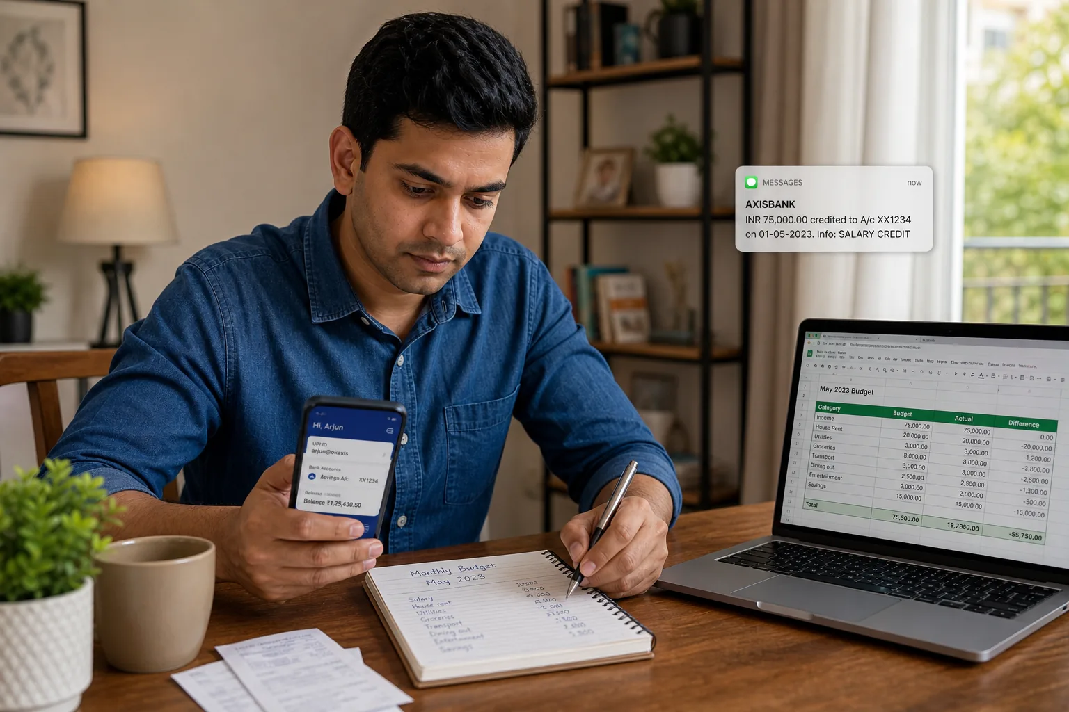 Indian salaried professional planning a monthly budget using salary credit alert, notebook, phone, and laptop spreadsheet