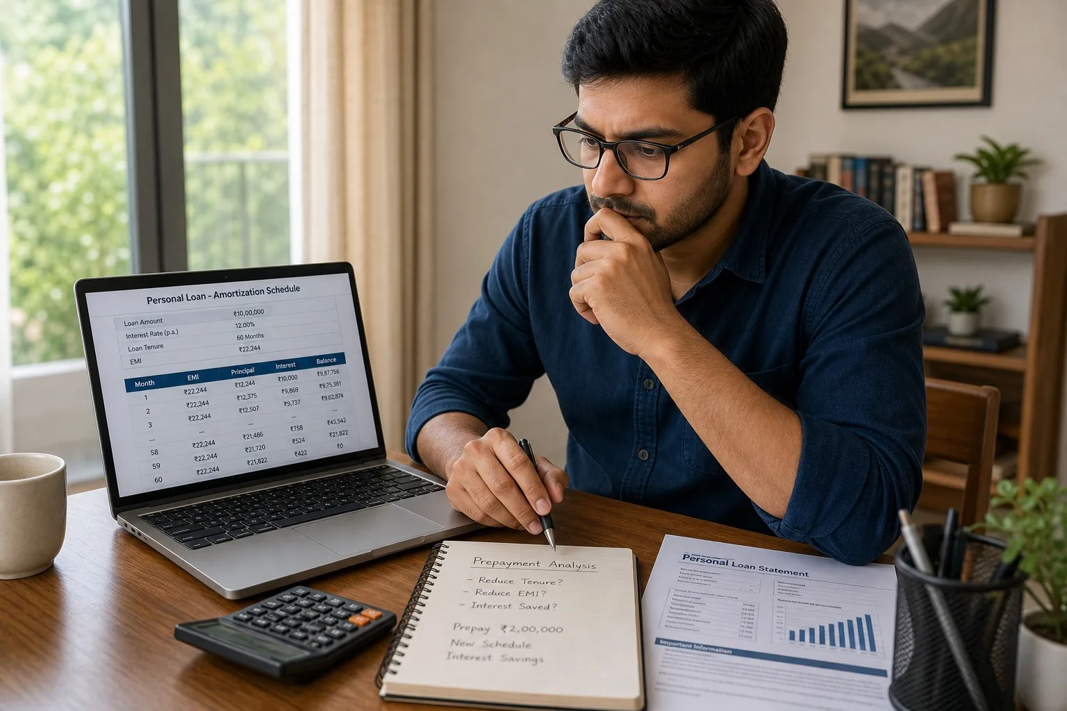 Indian salaried professional reviewing personal loan prepayment schedule on laptop