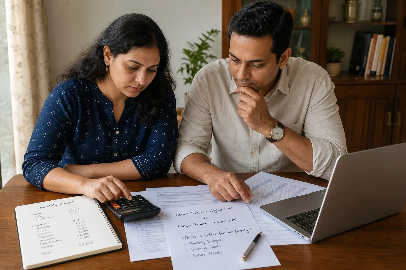 Indian couple checking loan papers, monthly budget notes, and calculator results while deciding between short and long loan tenure
