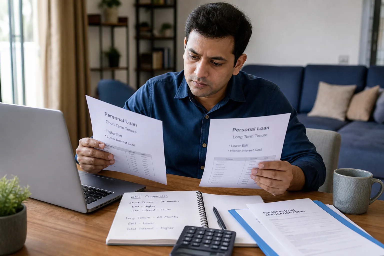 Indian borrower reviewing short-term and long-term personal loan papers at home while comparing EMI affordability