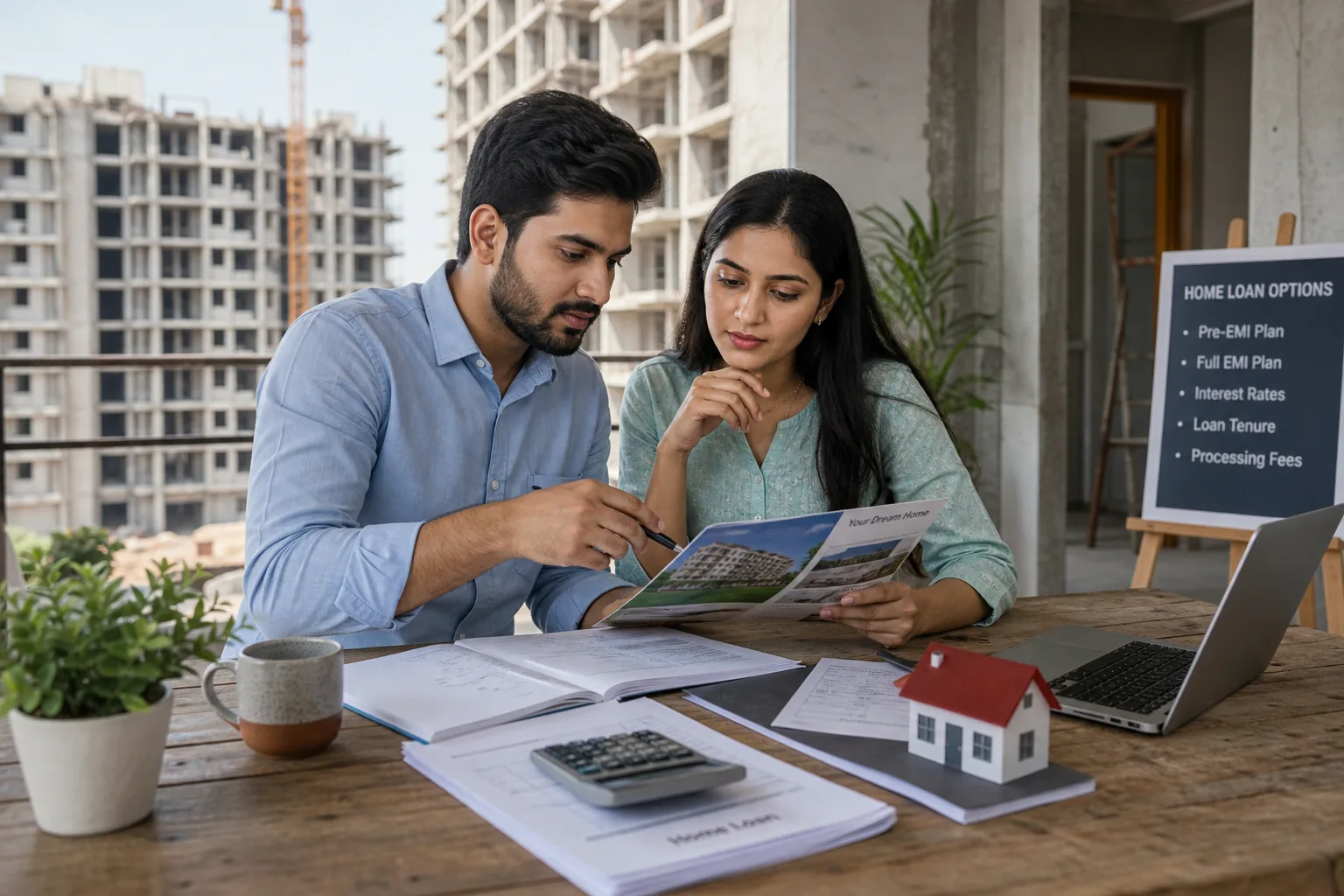 Indian homebuyer couple comparing home loan documents in an under-construction apartment setting