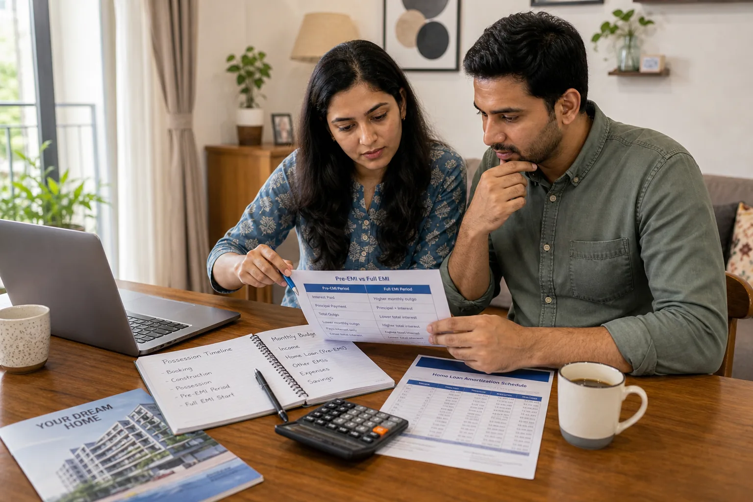 Indian couple comparing amortization notes and builder timeline papers for pre-EMI and full EMI decision