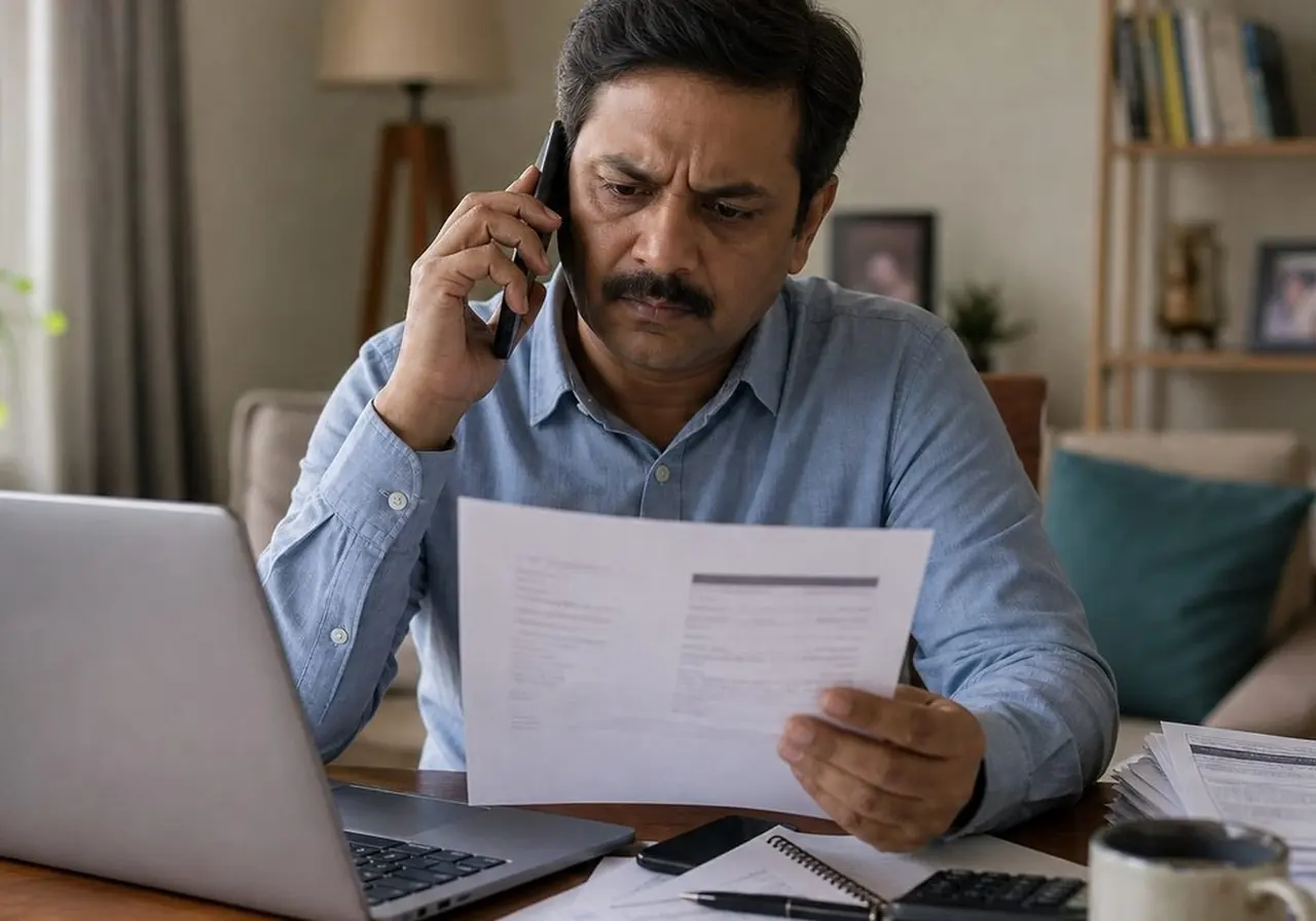Indian phone user looking carefully at an instant loan message before sharing documents