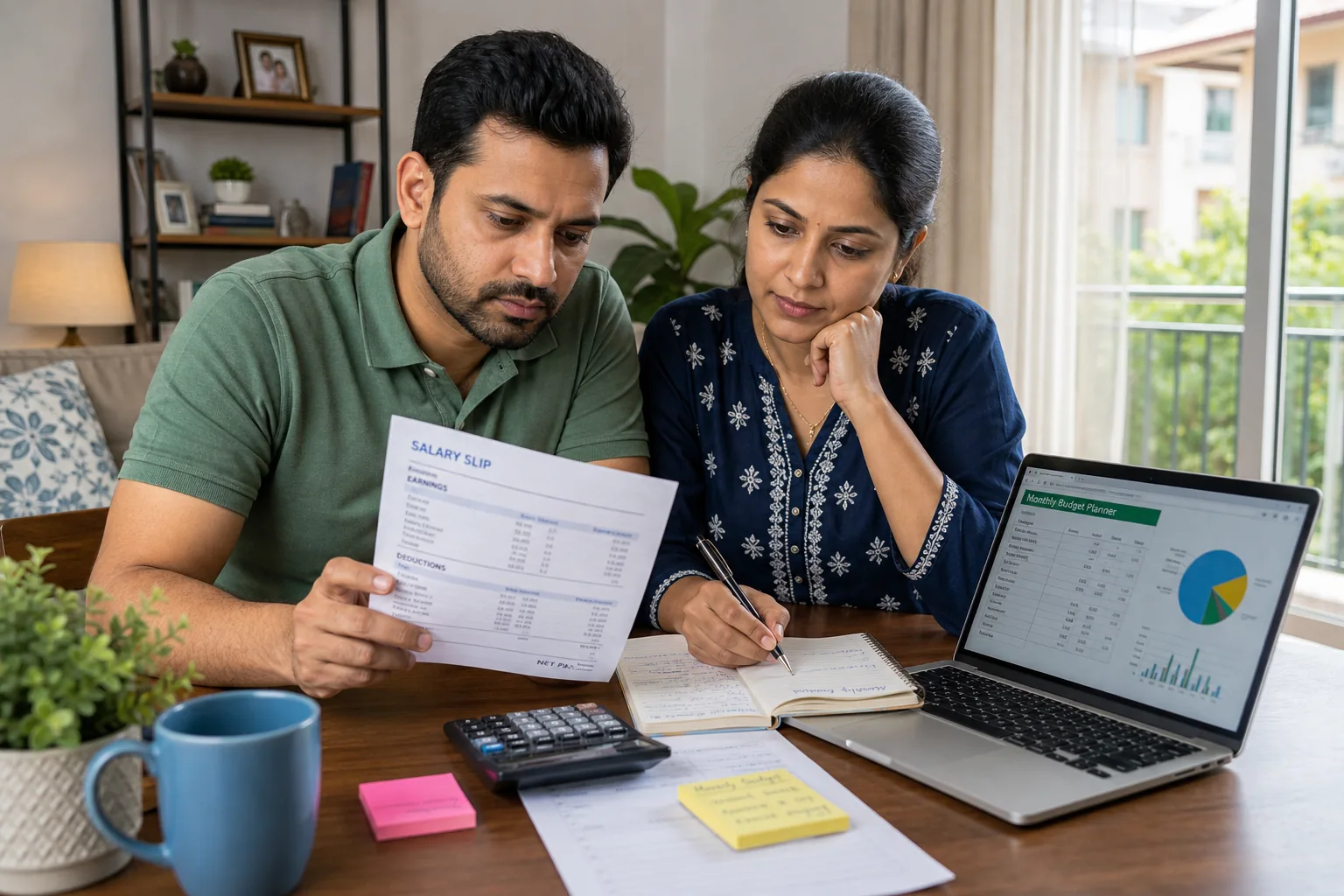 Indian couple planning how much salary can safely go to EMI using a salary slip and budget notes