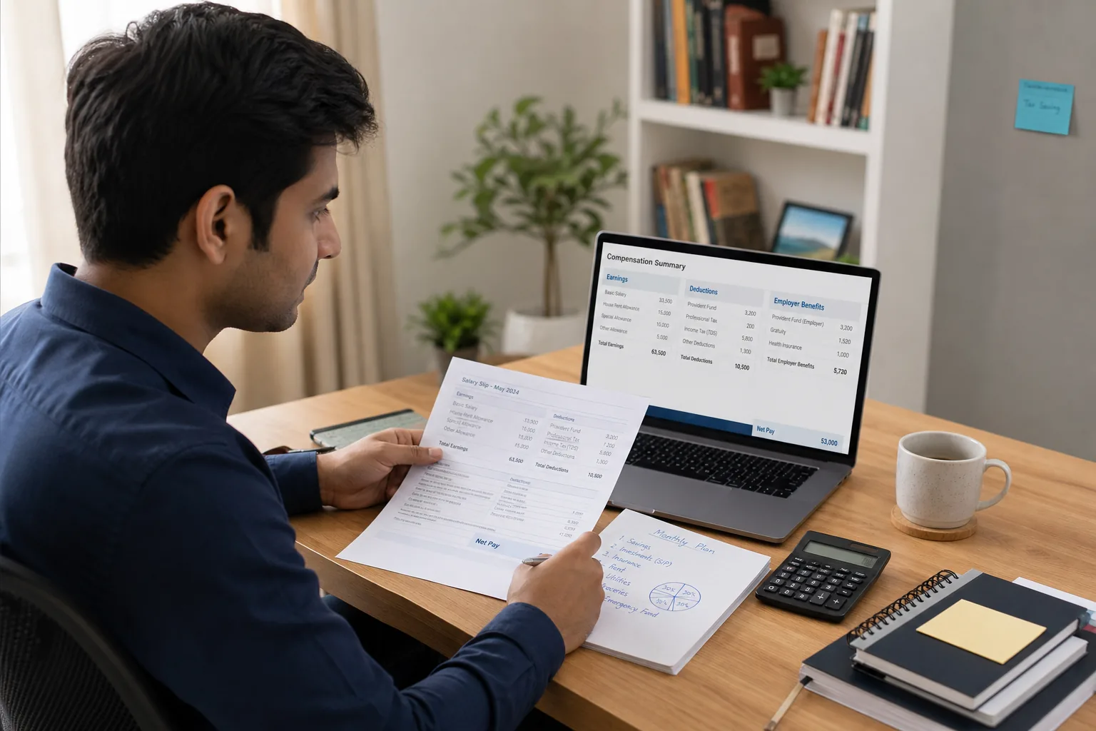 Diagram showing a salary slip split into employee details, earnings and deductions
