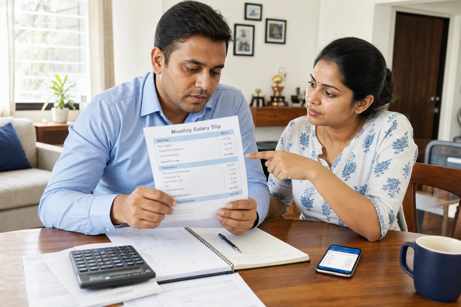 Illustration of an Indian salary slip with highlighted earnings and deductions