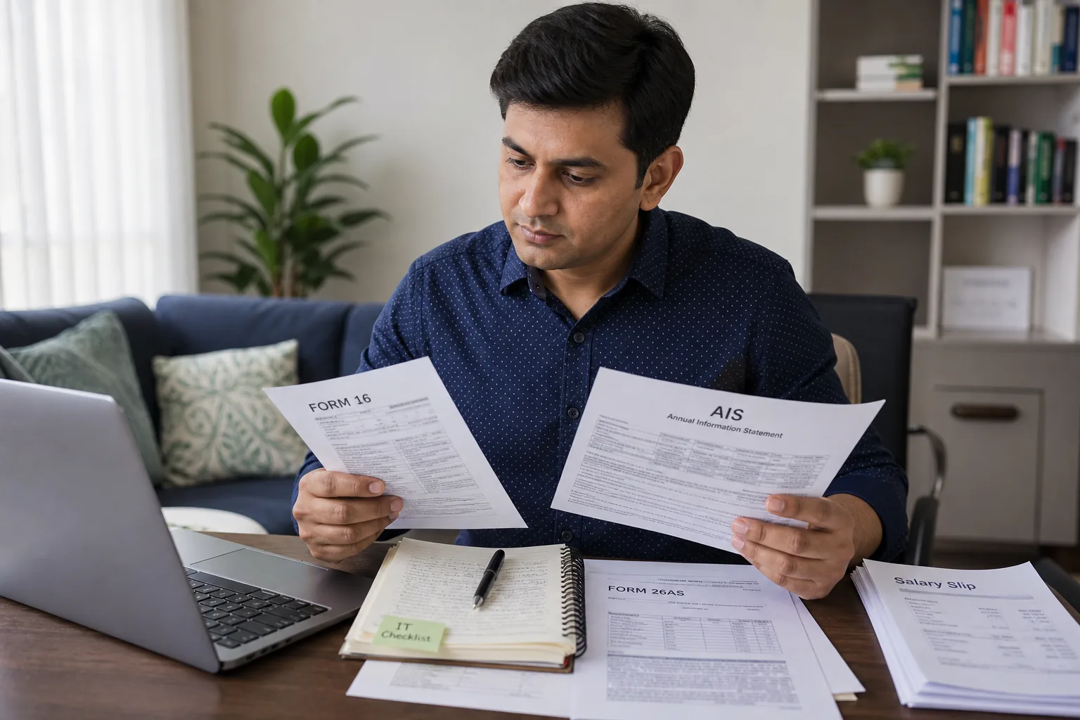 Indian salaried employee reviewing Form 16, AIS, salary slips, and tax papers at a home desk before filing income tax return