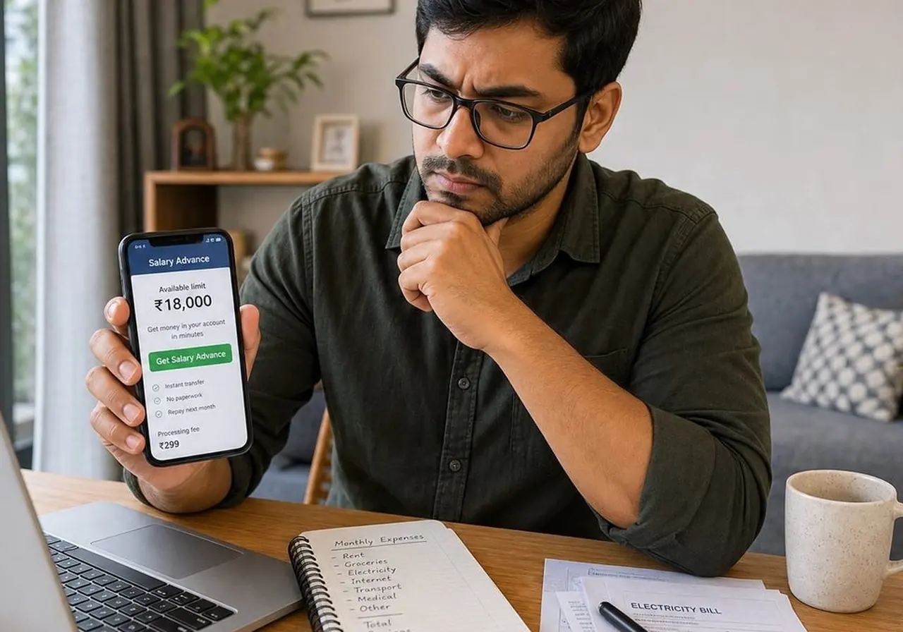 Indian salaried man checking a small personal loan offer and monthly budget at home