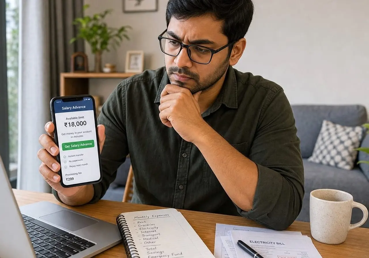 Indian borrower reviewing EMI schedule and loan costs on printed papers