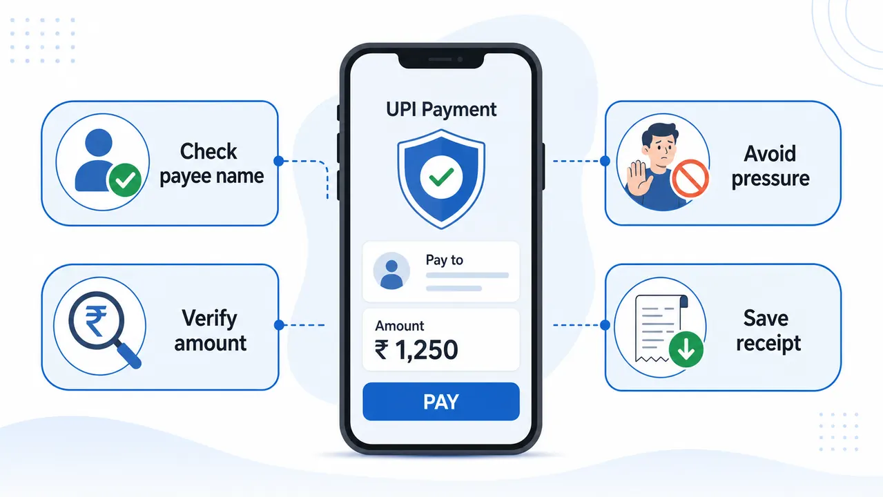 UPI safety checklist infographic showing check payee name, verify amount, avoid pressure and save receipt