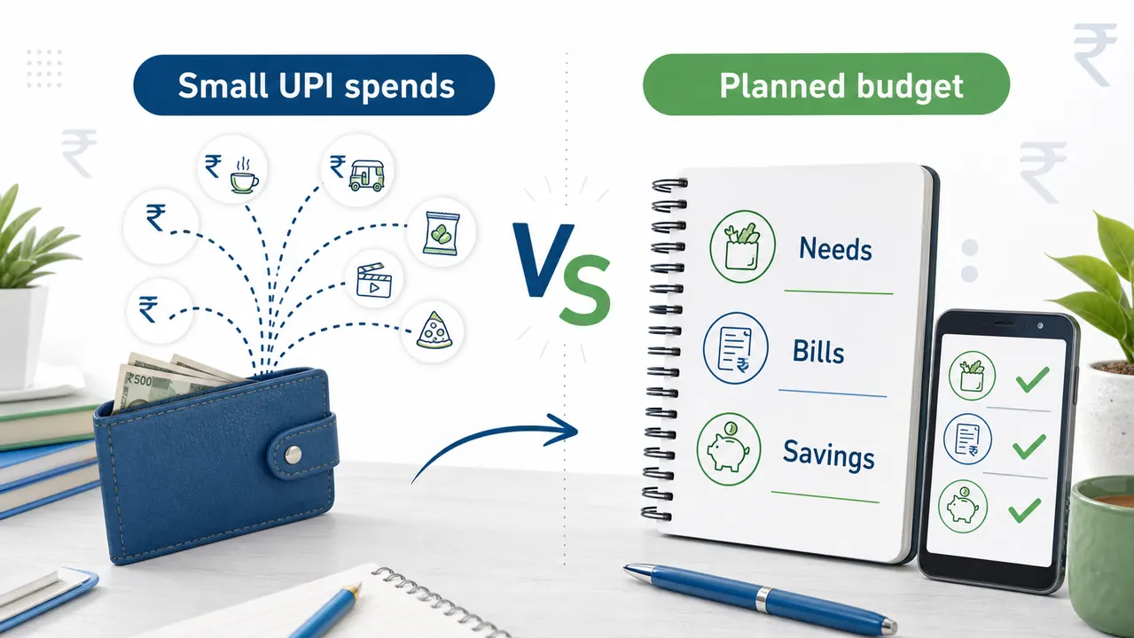 Comparison graphic showing small UPI spends versus a planned budget with needs, bills and savings categories
