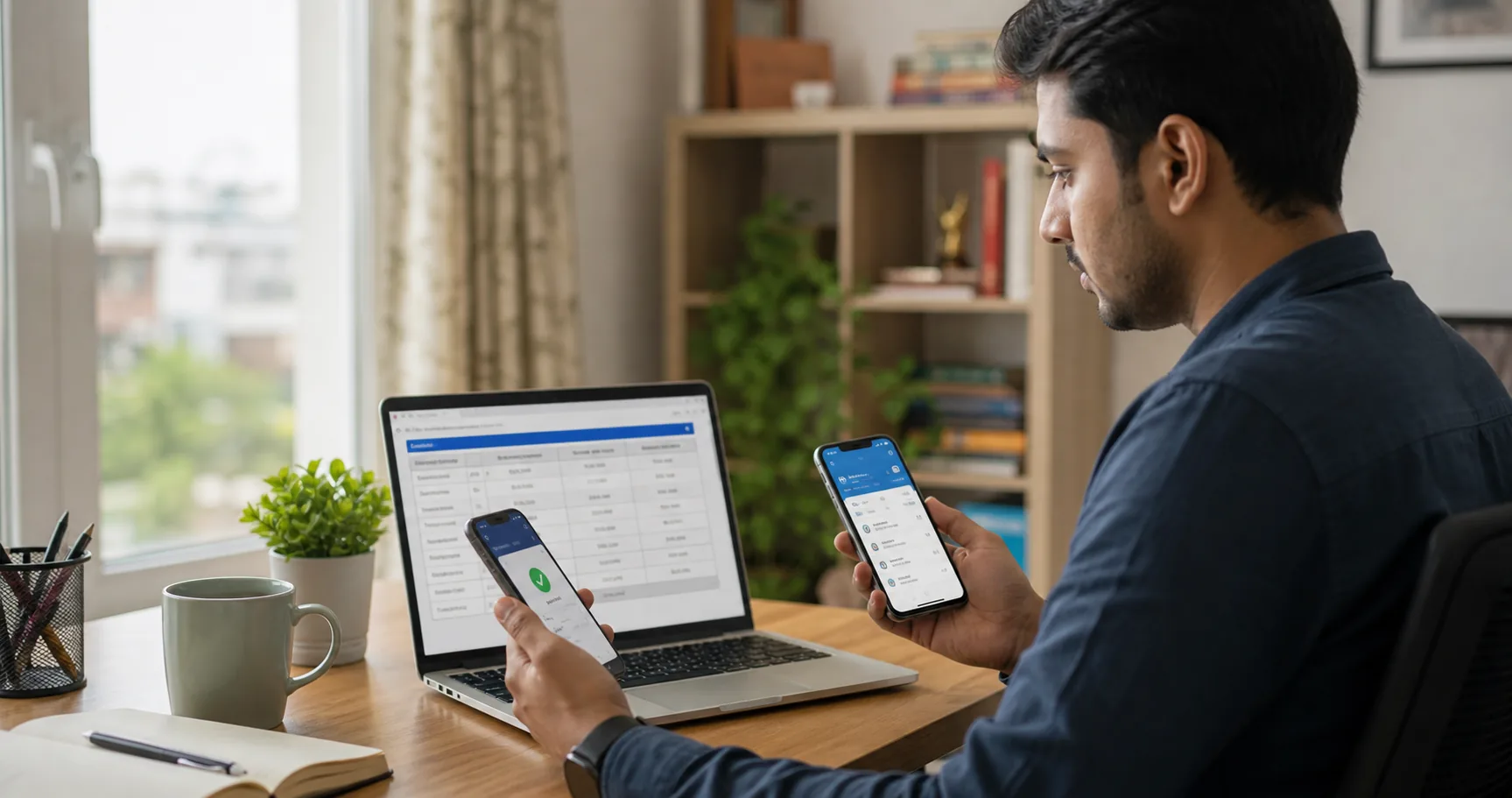 Indian young professional comparing UPI payment details across mobile phones and a laptop at a desk