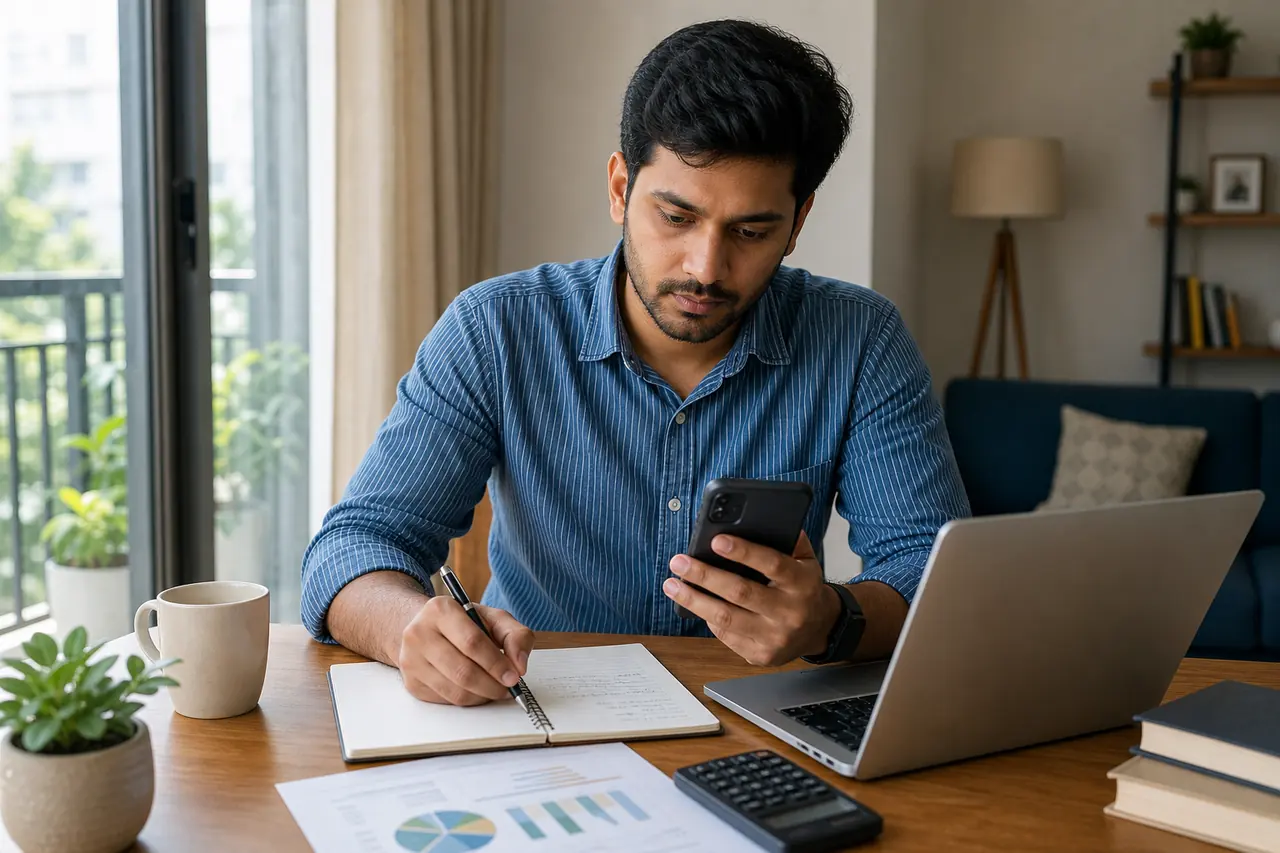 Indian salaried professional reviewing UPI transaction history on a phone while noting spending patterns