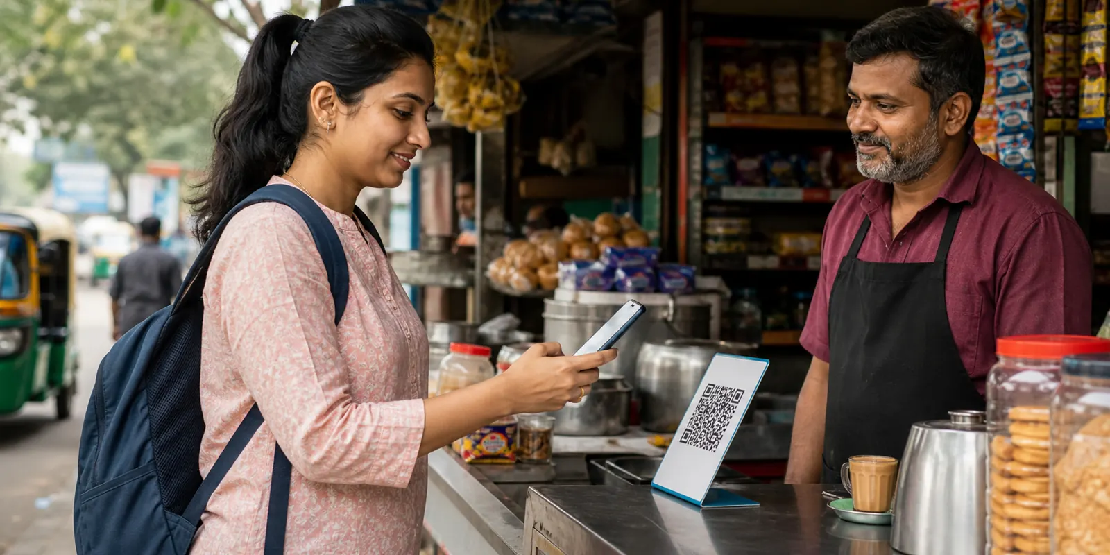 Indian woman using a smartphone to scan a QR code and make a small payment at a local shop